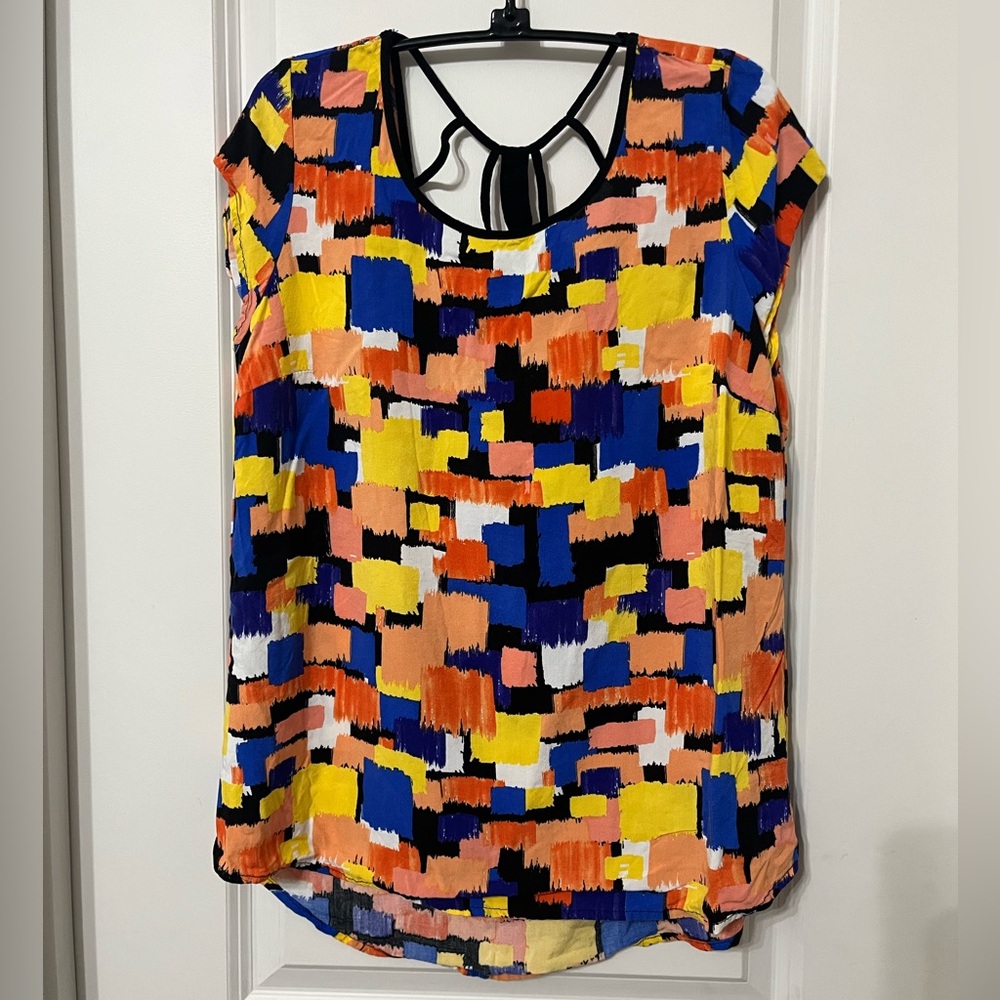 Cato Yellow and Blue Graphic Cap Sleeve Blouse